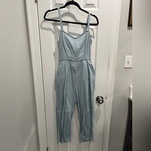 EXPRESS Linen-Blend Crossback Culotte Jumpsuit in Denim